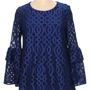 Alfani Pullover Round Neck Blouse Tiered Bell Sleeves Top Navy Blue Size Large